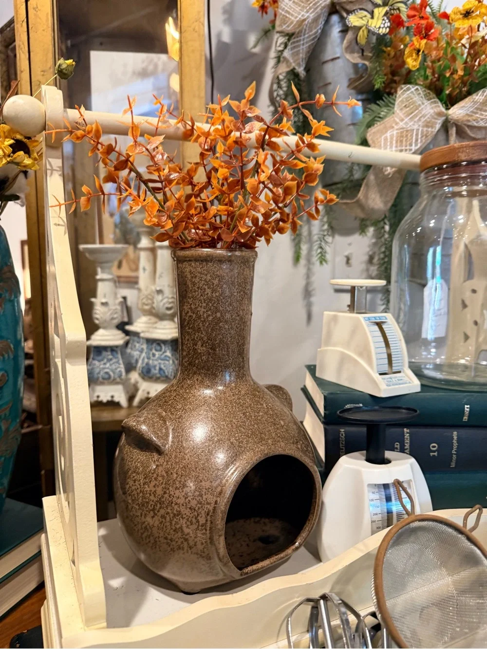 Brown Ceramic Vase with Orange Faux Foliage - Home Accents
